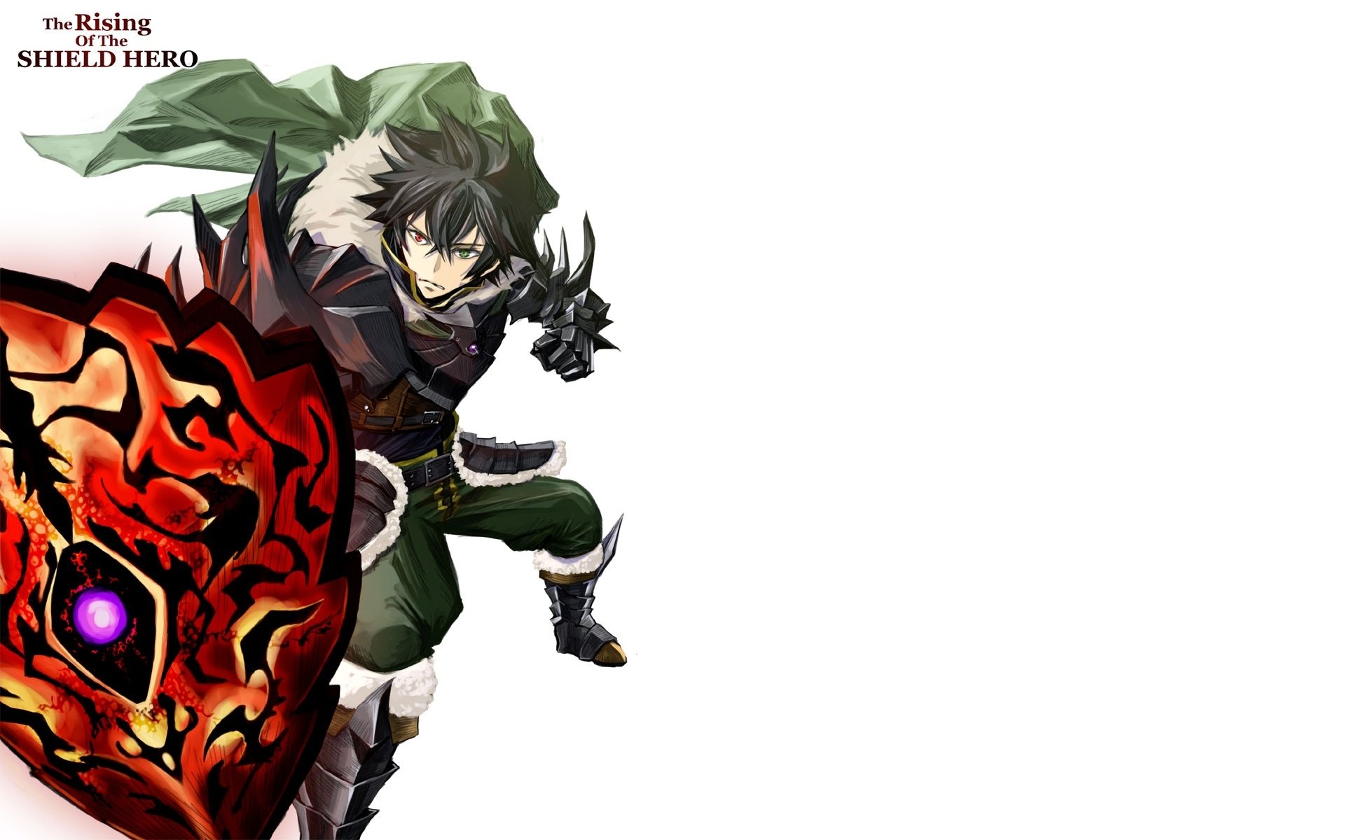 HD PC desktop wallpaper featuring Naofumi Iwatani from the anime The Rising of the Shield Hero, showcasing him with his iconic red shield against a white background.
