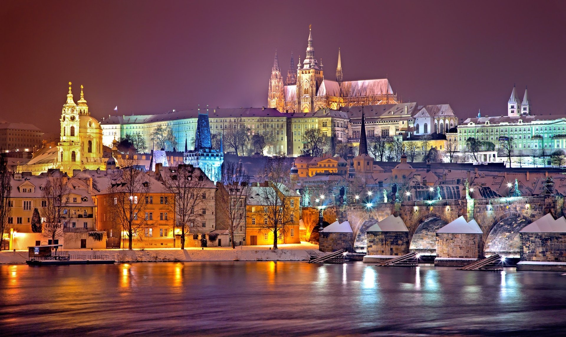 Download River Night Czech Republic City Man Made Prague HD Wallpaper