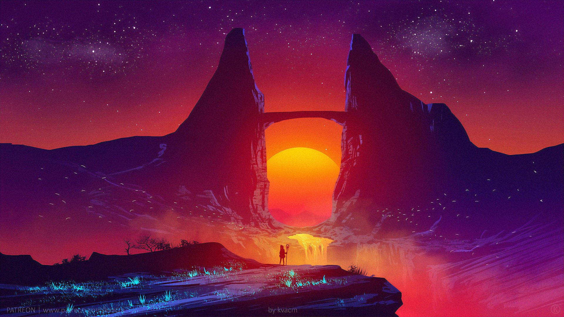 HD desktop wallpaper featuring a fantasy landscape with a majestic mountain, vibrant sunset, and a sky filled with stars. The warm colors create a striking and enchanting atmosphere.
