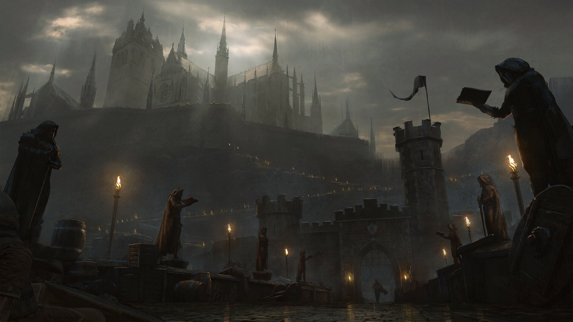 An HD fantasy-themed desktop wallpaper depicting a dark, mystical castle surrounded by figures holding torches and books, set against a cloudy sky.