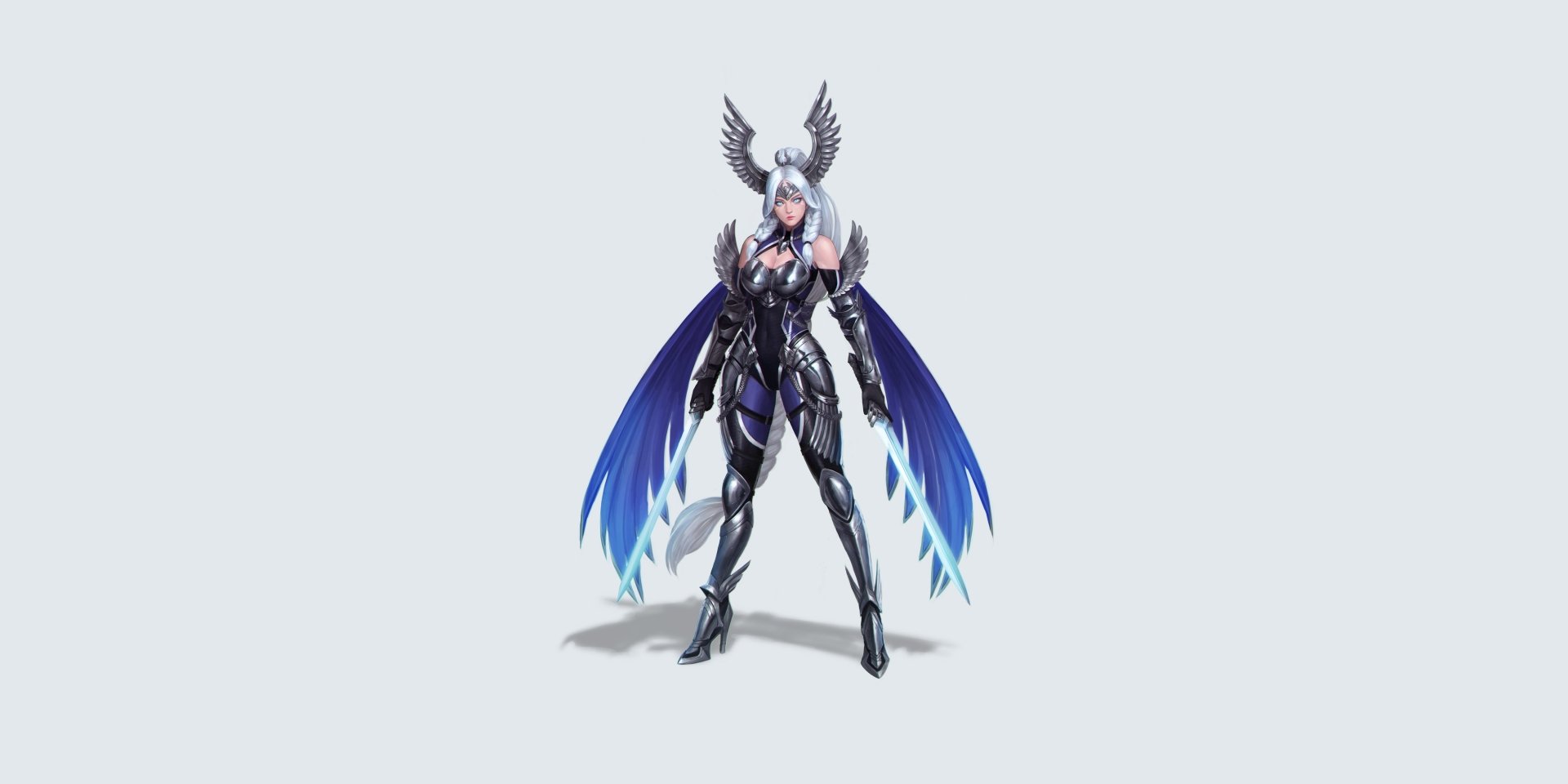 A white-haired woman warrior with braided hair and blue wings, clad in dark armor, holding a sword, depicted in a detailed 4K Ultra HD fantasy style.