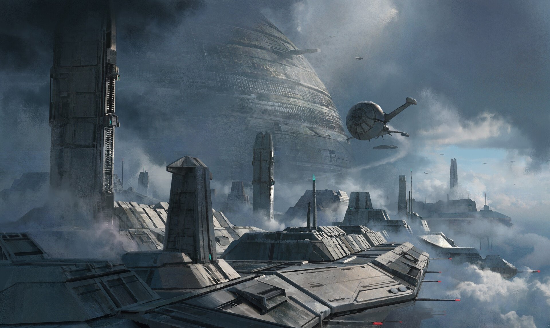 Futuristic sci-fi cityscape with advanced vehicles flying above towering buildings, set against a cloudy sky in an HD desktop wallpaper.