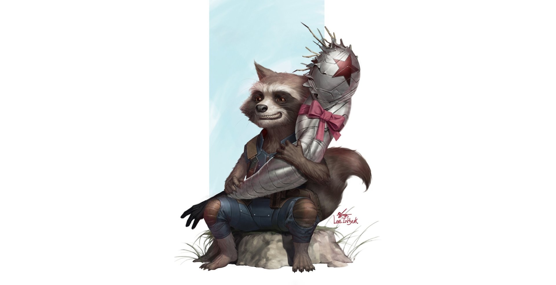 HD PC desktop wallpaper/background — Guardians of the Galaxy comic Rocket Raccoon perched on a rock, smirking while holding a tattered, battle-scarred stuffed bear.