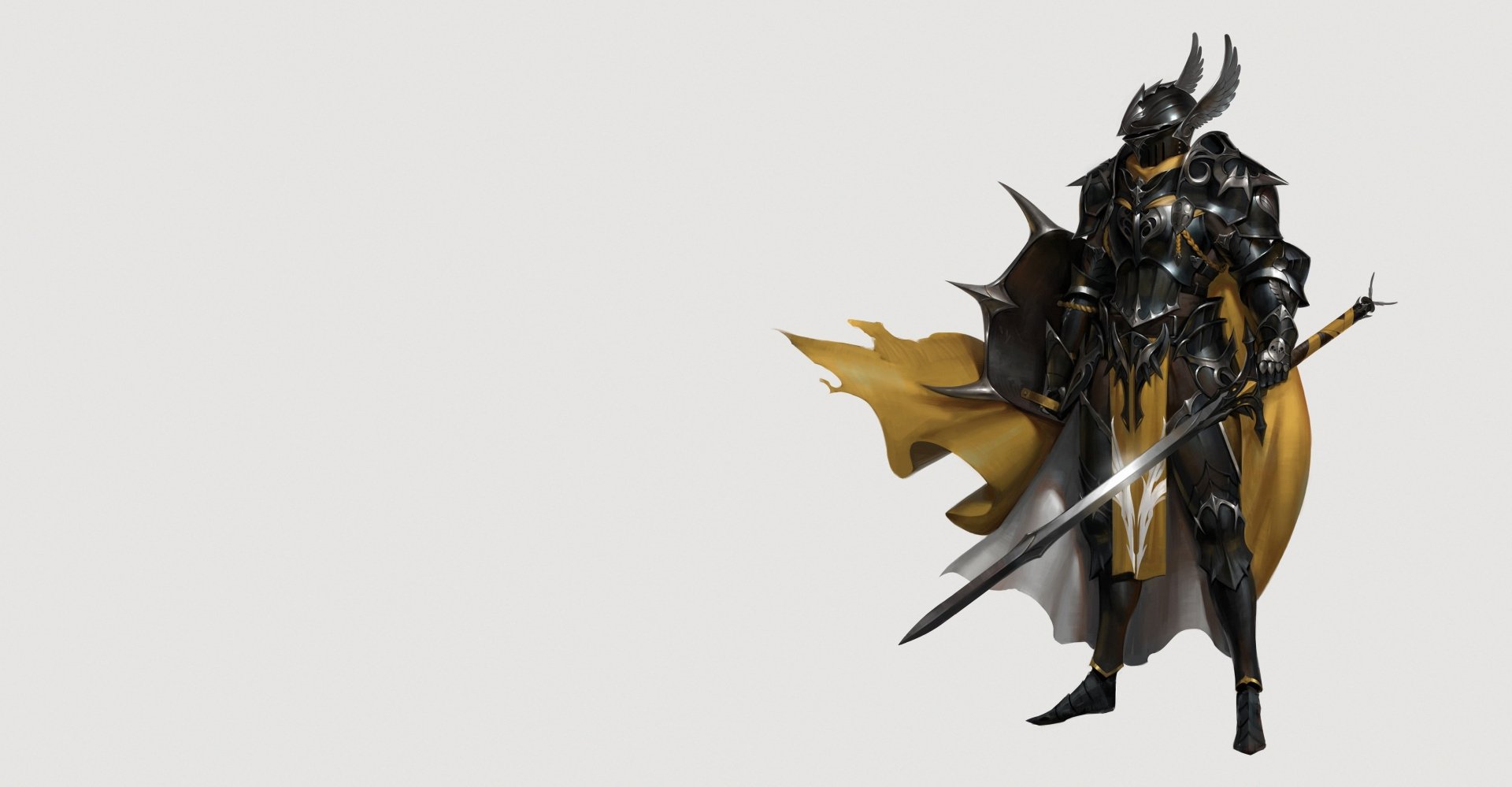 4K Ultra HD PC desktop wallpaper of a fantasy knight: armored warrior in dark ornate plate with a flowing gold cape, holding a large sword against a pale background.