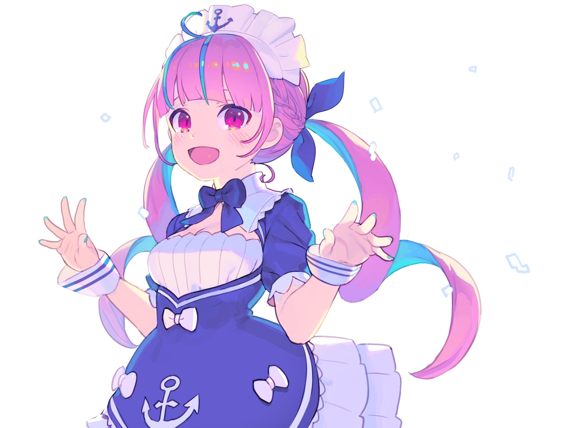 HD desktop wallpaper featuring Minato Aqua from Hololive. The anime-style image presents Minato Aqua as a cheerful Virtual Youtuber with vibrant pink and blue hair, dressed in a maid outfit.