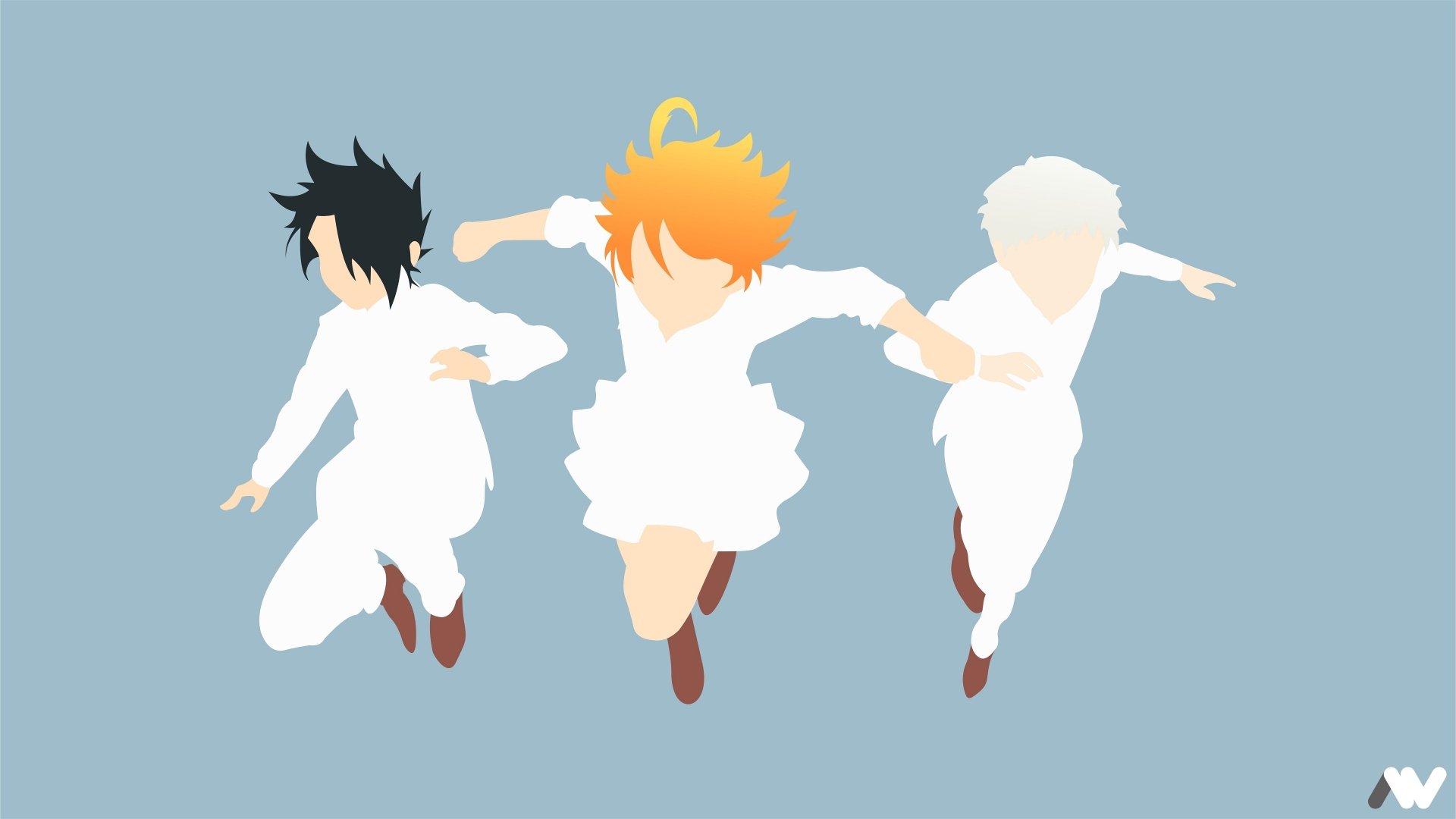 Minimalist 4K Ultra HD PC wallpaper of Emma, Ray, and Norman from the anime The Promised Neverland, shown as stylized silhouettes with colored hair mid-jump on a pale blue background.