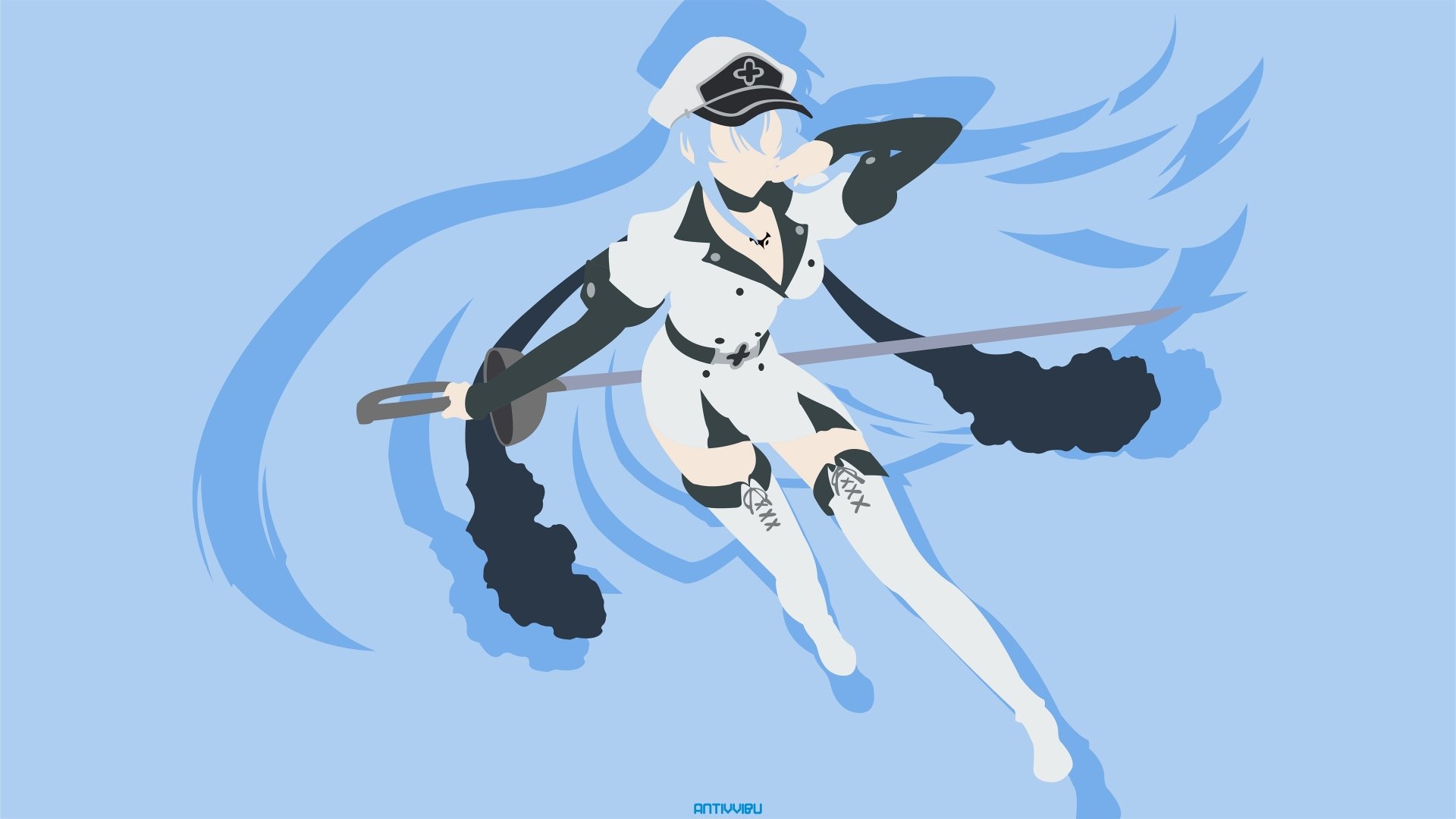 Stylized flat-color illustration of Esdeath (Akame Ga Kill!) in a white military uniform, summoning ice in a dynamic pose on a blue field — 4K Ultra HD PC desktop wallpaper/background.