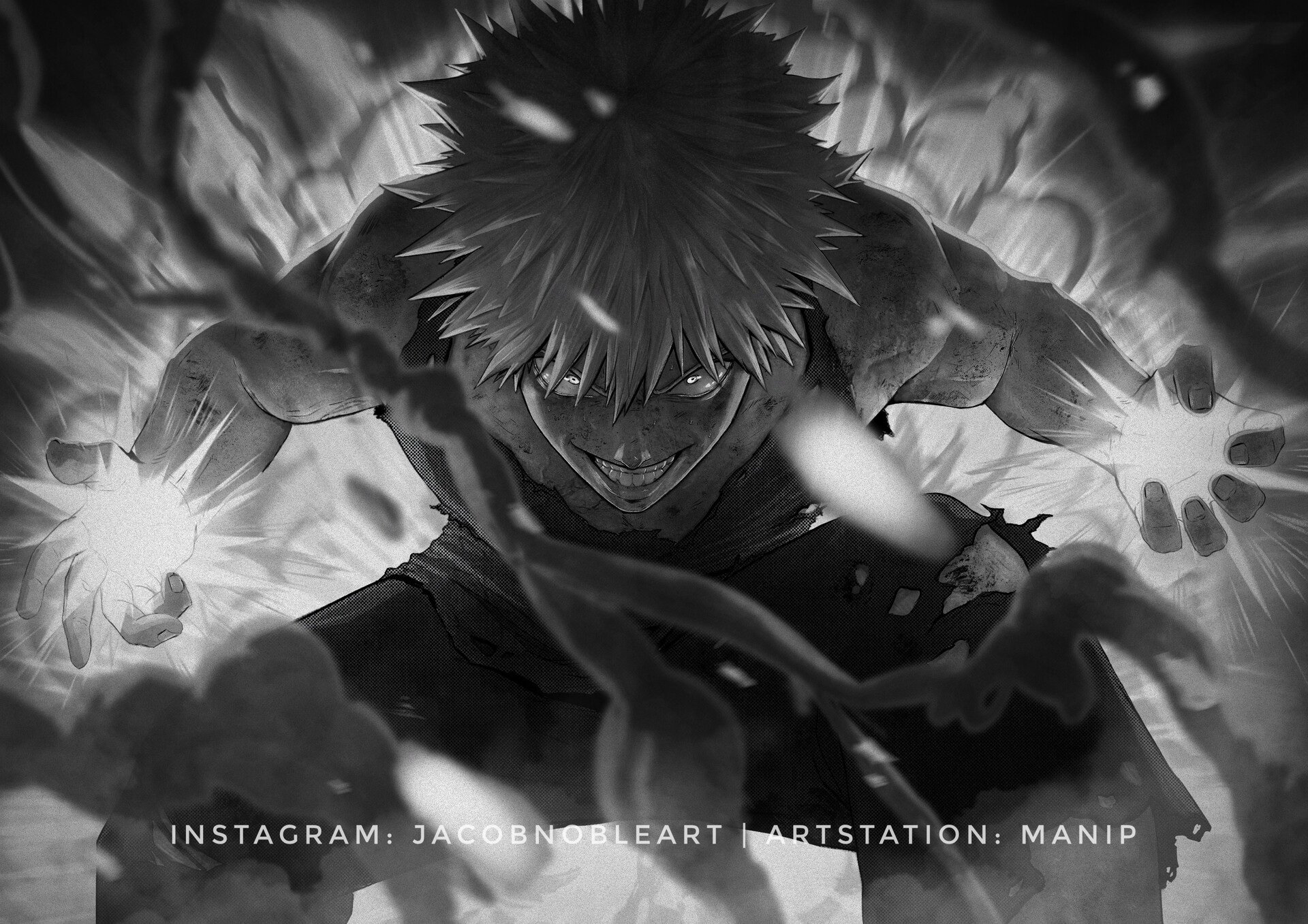 HD PC desktop wallpaper featuring Katsuki Bakugou from My Hero Academia, depicted in a dynamic, intense anime style with explosive energy effects.