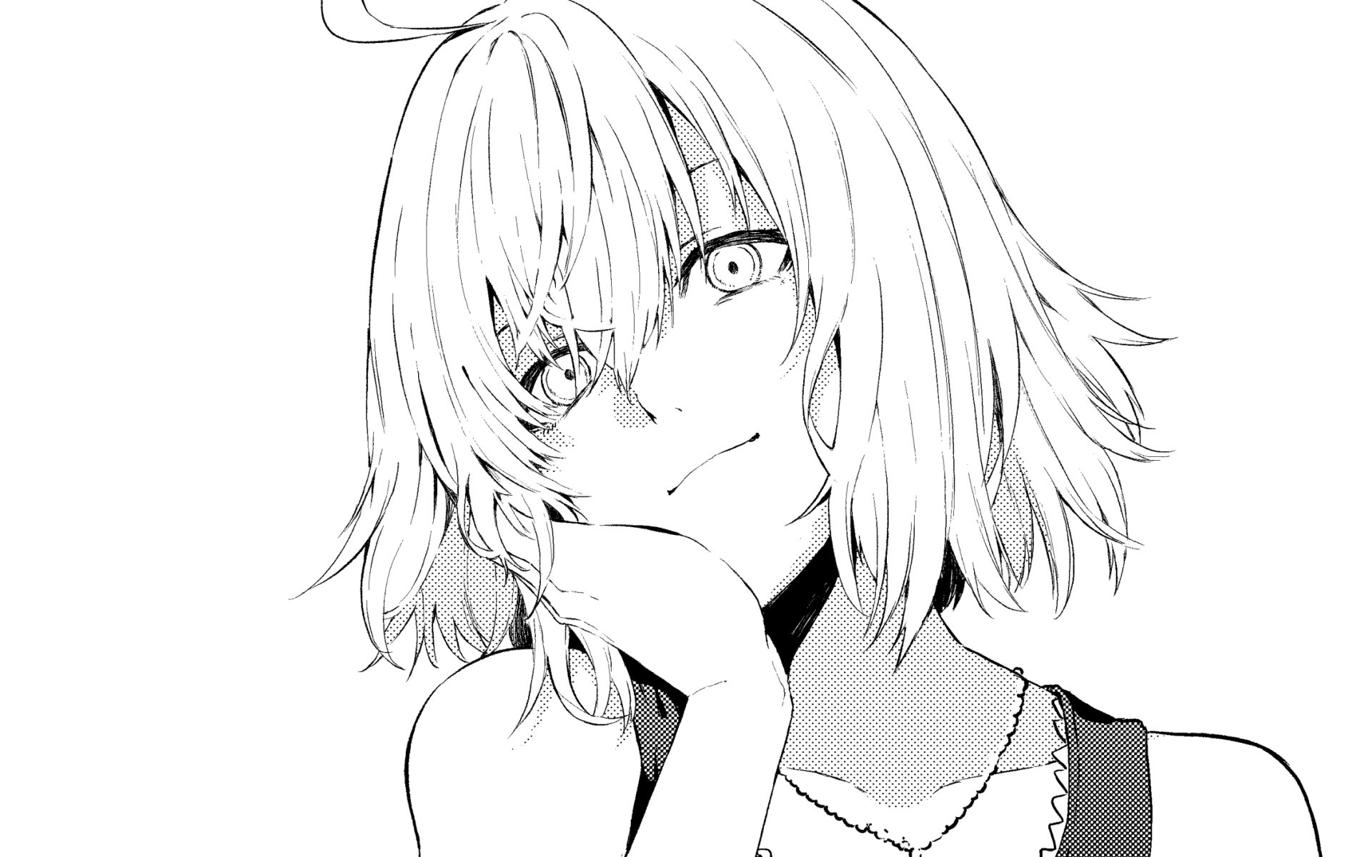 Black and white monochrome HD anime wallpaper featuring Jeanne d'Arc Alter with short hair from Fate/Grand Order as the Avenger class.