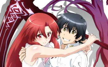 HD anime wallpaper of Ryosuke Kaga smiling as Lisara Restall wraps him in an embrace, her red hair and demonic wings behind them — from Dakara Boku wa H ga Dekinai