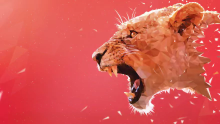 HD desktop wallpaper of a faceted lion head against a vibrant red background, showcasing geometric patterns and intense expression.