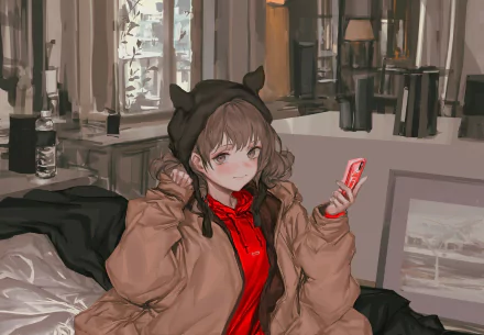 Anime-style original artwork of a girl with brown hair and eyes, wearing a hat and holding a phone, set in a cozy room; HD PC desktop wallpaper and background.