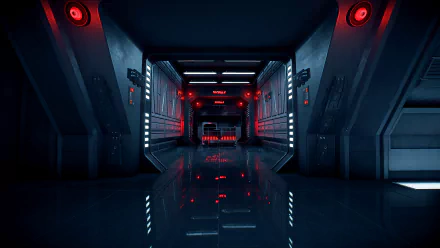 HD PC desktop wallpaper showcasing a dark, futuristic corridor from the video game Star Wars Battlefront II (2017) with red and blue lighting effects.