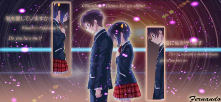 HD PC desktop wallpaper featuring Rikka Takanashi and Yūta Togashi from the anime Love Chunibyo & Other Delusions, surrounded by glowing purple petals and text.