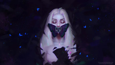 Artistic HD PC desktop wallpaper featuring a woman with white hair and a large butterfly covering her mouth, surrounded by glowing blue butterflies against a dark background.