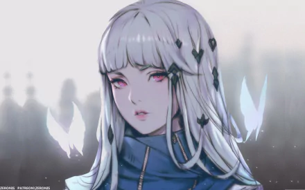 HD desktop wallpaper featuring an original anime character with long white hair and pink eyes, adorned in blue, set against a soft, blurred background with glowing butterflies.