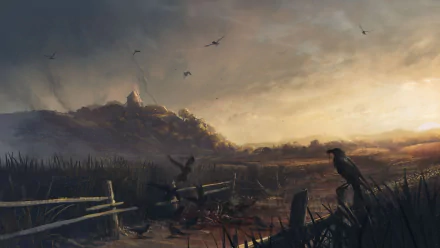 HD PC desktop wallpaper from the video game A Plague Tale: Innocence, depicting a dark, moody landscape with crows and a distant hill under a cloudy sky.