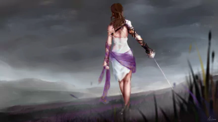 A woman warrior with a sword walks through a misty fantasy landscape under a cloudy sky, captured in an HD fantasy desktop wallpaper.