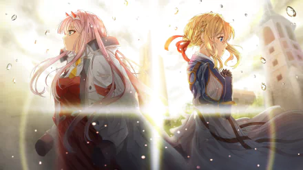HD desktop wallpaper featuring a crossover of Violet Evergarden with blonde hair and Zero Two from Darling in the FranXX with pink hair, both standing back-to-back in a glowing light.