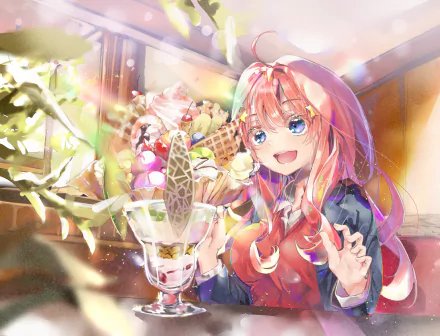 HD desktop wallpaper of Itsuki Nakano, a character from the anime The Quintessential Quintuplets. She is smiling brightly while sitting indoors, with sunlight streaming through the window beside her.