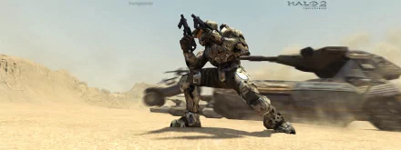 HD PC desktop wallpaper featuring a dynamic battle scene from Halo 2, showcasing a Spartan soldier in futuristic armor with vehicles in the background.