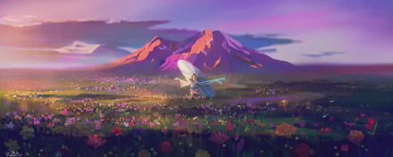 HD anime desktop wallpaper featuring a vibrant field of flowers with a character holding an umbrella, set against the backdrop of majestic mountains at sunset.
