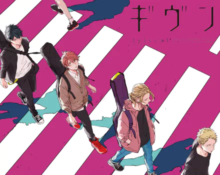 HD desktop wallpaper featuring characters Haruki Nakayama, Ritsuka Uenoyama, Akihiko Kaji, and Mafuyu Sato from the anime Given, walking across a colorful crosswalk.