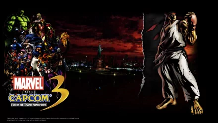 HD PC desktop wallpaper for Marvel vs. Capcom 3: Fate of Two Worlds — Amaterasu alongside Captain America, Iron Man, Wolverine and Hulk over a dark city skyline.