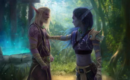 A blonde elf and a blue-haired elf with pointed ears stand facing each other in a mystical forest, illuminated by soft, glowing light.