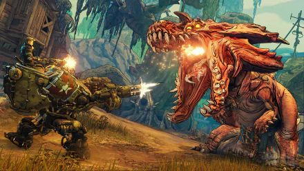 4K Ultra HD Borderlands 3 wallpaper depicting an intense battle between heavily armed characters and a fire-breathing creature in a lush, detailed environment.