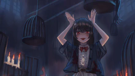 HD anime girl wallpaper featuring a dark setting with a girl having striking red eyes, wearing a gothic outfit and making a playful gesture in dim candlelight.