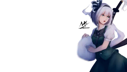 Anime-style HD desktop wallpaper featuring Youmu Konpaku from Touhou, depicted with silver hair, a green outfit, and a sword against a white background.