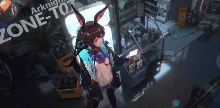 HD wallpaper featuring Amiya from Arknights. The anime girl stands in a neon-lit room, holding a device, with rabbit ears and a focused expression. Surrounded by plants and technology.