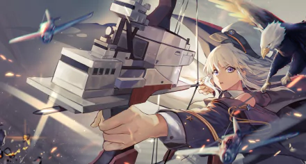 HD PC desktop wallpaper featuring Enterprise from Azur Lane in anime style, poised with bow and arrow amid dynamic aircraft and battle elements.