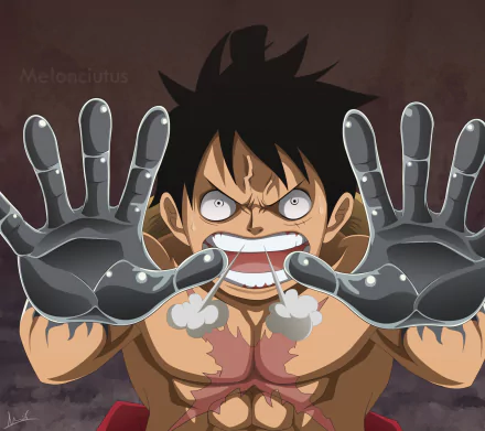 Monkey D. Luffy (One Piece) anime HD PC desktop wallpaper/background: fierce grin, Haki-blackened hands thrust forward, steam flaring from his nose.
