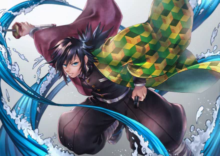 Giyuu Tomioka from Demon Slayer: Kimetsu no Yaiba in a dynamic action pose with water effects, in a vibrant HD desktop wallpaper and background.