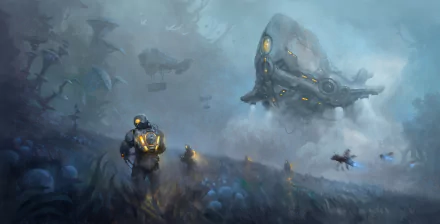 Sci‑Fi exploration: figures in space suits traverse a misty alien plain while a massive spaceship hovers overhead — 2K Quad HD PC desktop wallpaper and background.