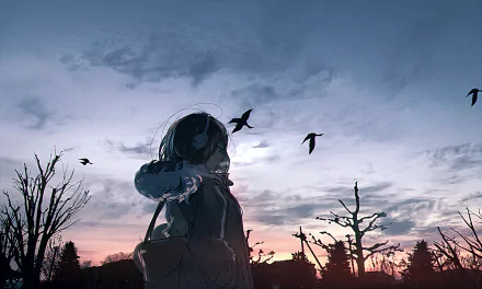 A serene anime scene captures a figure gazing at the twilight sky, with birds silhouetted against a dusky backdrop. This original HD desktop wallpaper exudes tranquility and contemplative beauty.