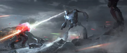 2K Quad HD PC desktop wallpaper: The Iron Giant in a battle — towering robot fires an energy beam across a war-torn, cinematic Ready Player One-style landscape.
