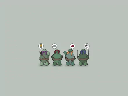 A charming HD desktop wallpaper featuring the Teenage Mutant Ninja Turtles, showcasing the characters from behind with thought bubbles expressing various emotions.