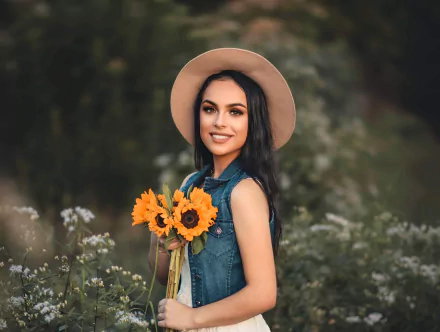 flower depth of field black hair smile hat woman model HD Desktop Wallpaper | Background Image