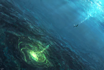HD desktop wallpaper featuring a mystical ocean scene with a glowing, green whirlpool and a fantasy creature swimming above.