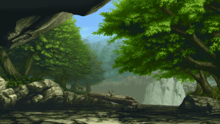 Artistic pixel art of a serene forest with lush green trees and a clear blue sky. This HD desktop wallpaper and background showcases a tranquil natural scene.