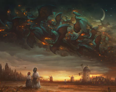 HD fantasy desktop wallpaper depicting a dragon flying over a village with windmills at sunset, dramatic clouds blending into a fiery, mythical sky.