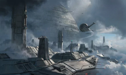 Futuristic sci-fi cityscape with advanced vehicles flying above towering buildings, set against a cloudy sky in an HD desktop wallpaper.