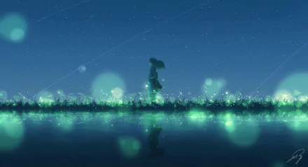 HD anime wallpaper depicting a silhouette of a person walking under a starry night sky, with green glowing lights reflecting on still water. Original artwork.