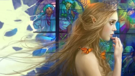 A fantasy-themed HD wallpaper features an elf with a crown and butterfly accents, set against a colorful stained glass backdrop, evoking an ethereal atmosphere.