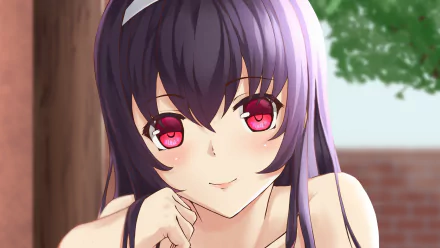 Utaha Kasumigaoka from Saekano: How to Raise a Boring Girlfriend — close-up with purple hair and red eyes, smirking against a blurred outdoor background. 2K Quad HD PC desktop wallpaper.