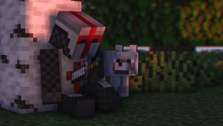 Minecraft characters, including a warrior and a wolf, sit together in a detailed, pixelated forest scene captured in 4K Ultra HD for a PC desktop wallpaper.