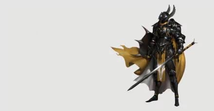 4K Ultra HD PC desktop wallpaper of a fantasy knight: armored warrior in dark ornate plate with a flowing gold cape, holding a large sword against a pale background.